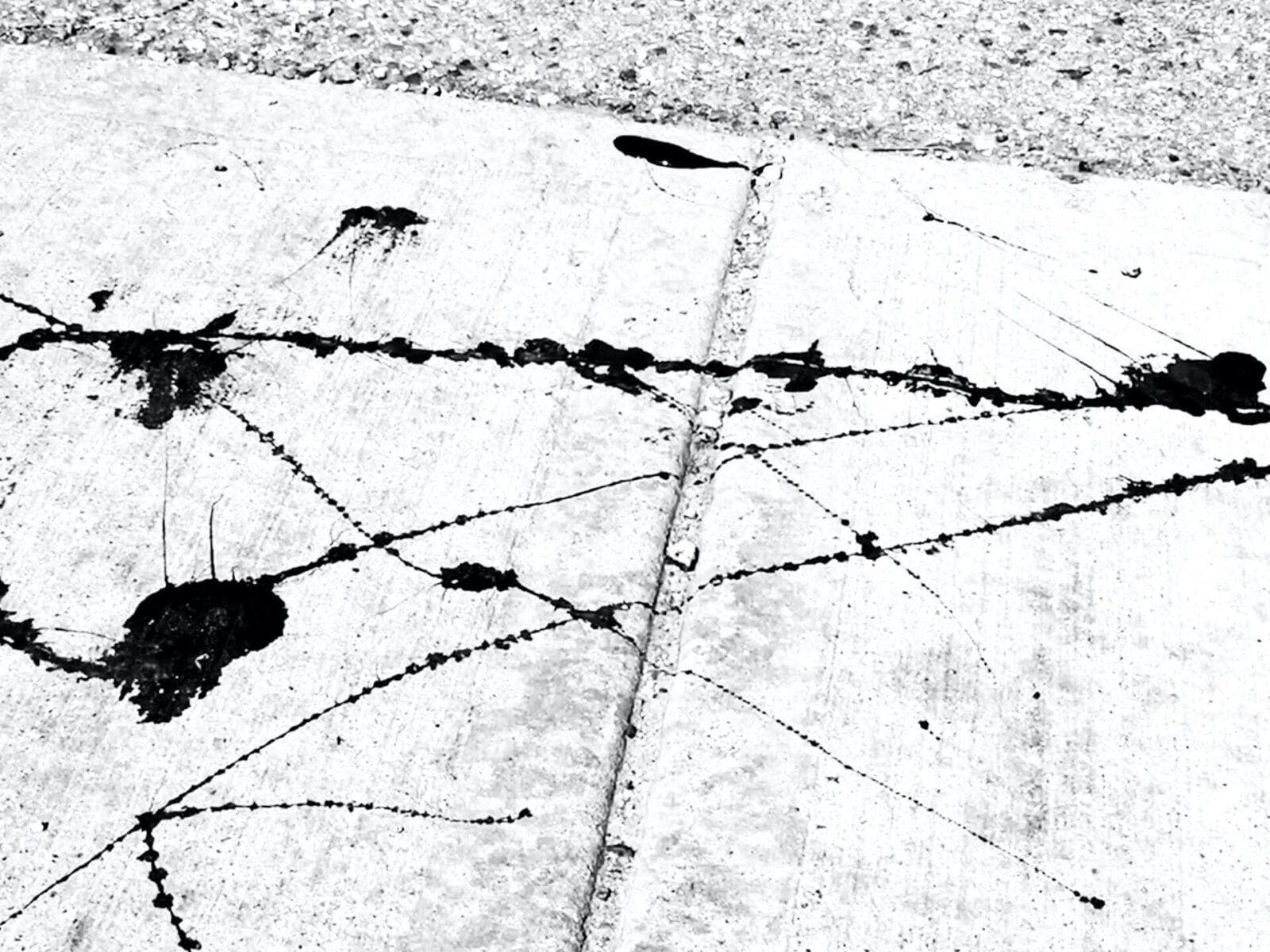 Black and white photo of blood splatters on a concrete surface.