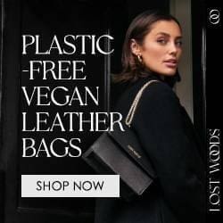 A collection of vegan leather purses and bags from Lost Woods, with the text "Plastic Leather Bags - Free Vegan" and a "Shop Now" button.