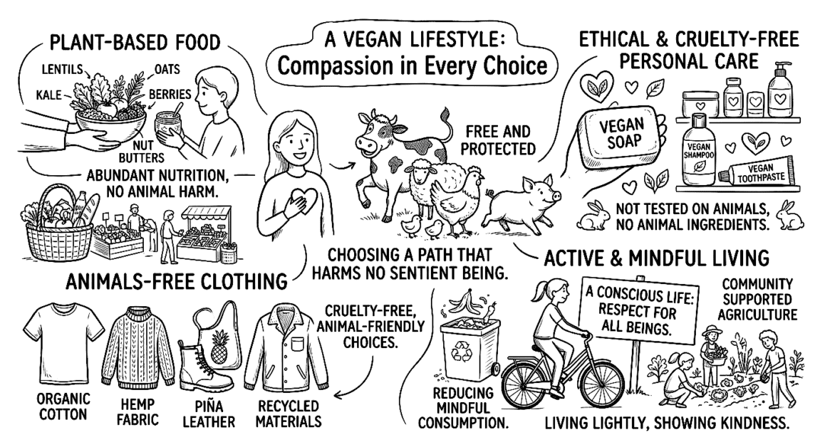 Illustration of vegan lifestyle choices including food, clothing, and personal care.