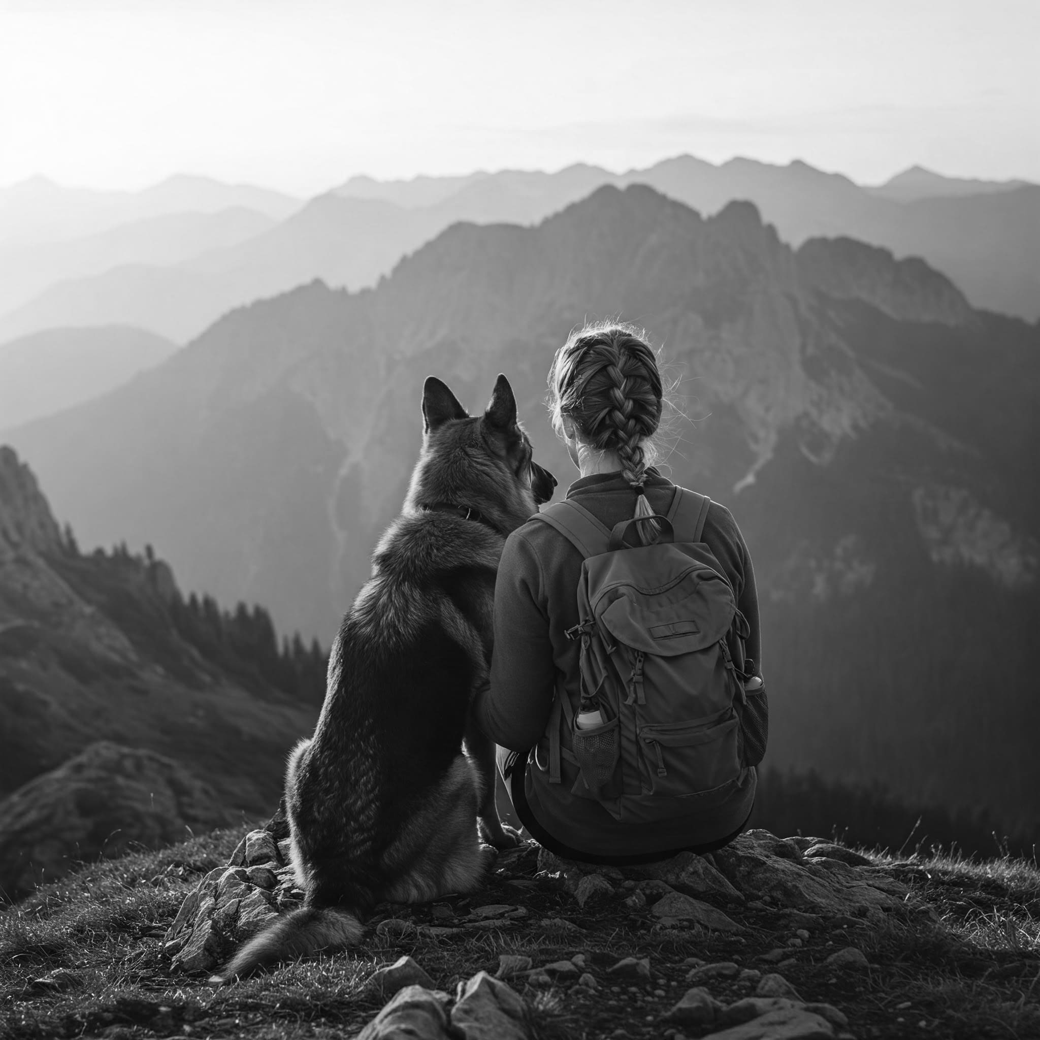 Black and white image of a woman with a braided hairstyle and a backpack, sitting next to a German Shepherd dog, both looking out at a vast mountain landscape. They appear to be resting during a hike, showcasing a bond between human and pet in nature.
