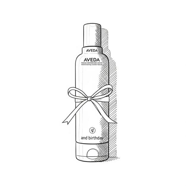 Black and white line art illustration of an Aveda hair product bottle, featuring a decorative ribbon tied around it like a gift, with the words 'and birthday' at the bottom, suggesting a special occasion or gift set.