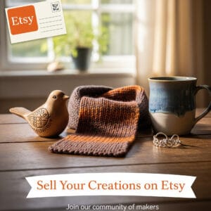 A product shot for Etsy showing a handcrafted wooden bird, a striped knit scarf, a ceramic mug, and a silver ring arranged on a wooden table. The text "Sell Your Creations on Etsy" and "Join our community of makers" is overlaid on the image, and an Etsy postcard icon is in the corner.