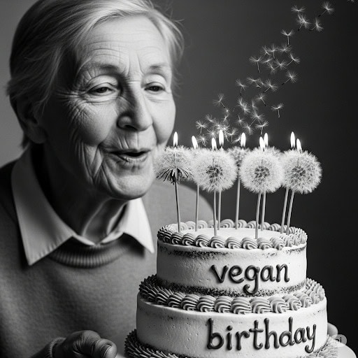 Black and white photograph of an elderly woman with short, braided hair and a joyful expression, leaning in to blow out dandelion puff candles on a two-tiered vegan birthday cake that reads 'vegan birthday'. Dandelion seeds are seen floating in the air.