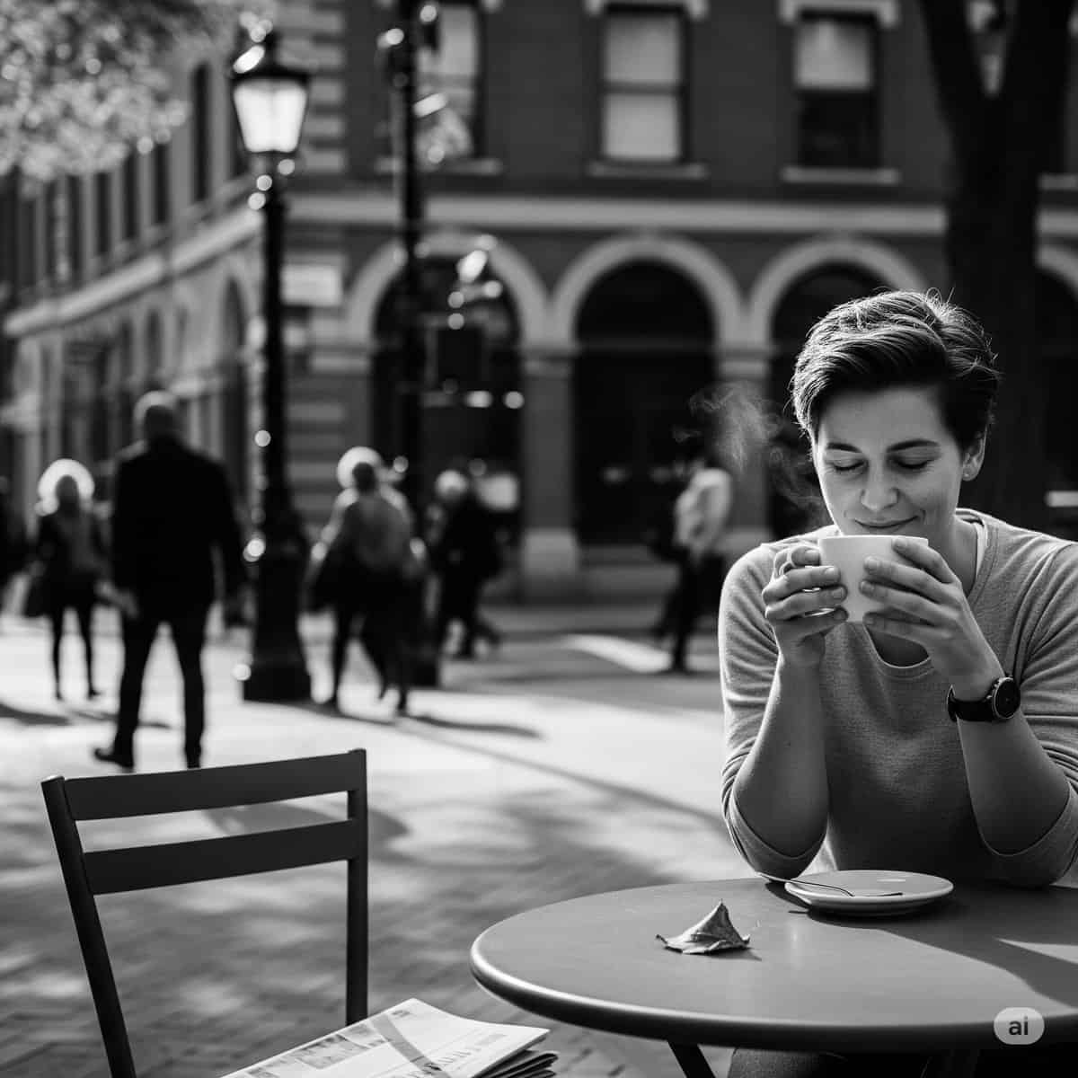 A black and white photo of a woman with short hair smiling as she sips from a coffee cup at a small outdoor table. A newspaper rests on the empty chair beside her, and people and a cityscape are blurred in the background, creating a candid, relaxed atmosphere.