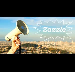 A hand holding a white megaphone against a background of a city skyline under a blue sky. The word "Zazzle" is written inside a starburst shape, as if being broadcasted from the megaphone.