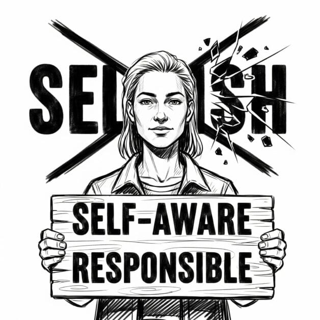 A black-and-white illustration of a person holding a sign that reads "SELF-AWARE RESPONSIBLE." Behind the person, the word "SELFISH" is shown with a large 'X' through it, and the last part of the word is shattered, suggesting the breaking of a negative label.