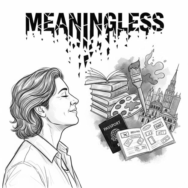 A black-and-white illustration of a person with a serene expression, eyes closed, looking towards a collection of objects that symbolize a fulfilling life: a stack of books, a paint palette and brush, a passport with stamps, and a city skyline. Above them, the word "MEANINGLESS" shatters into pieces, suggesting that purpose is found through art, travel, and knowledge.