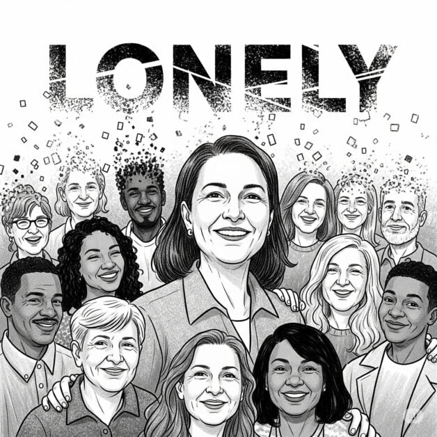 A black-and-white illustration of a diverse group of smiling people clustered together, with a woman at the center who is smiling confidently. Above the group, the word "LONELY" is shown, breaking apart into small pieces, symbolizing that loneliness is being overcome through community and connection.