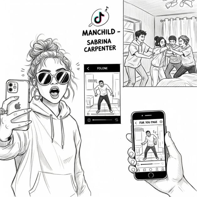 A black and white sketch showing various scenes related to the song "Manchild" by Sabrina Carpenter. A woman takes a selfie in the foreground, and other panels show a group of friends and a man doing a viral dance on a smartphone screen.