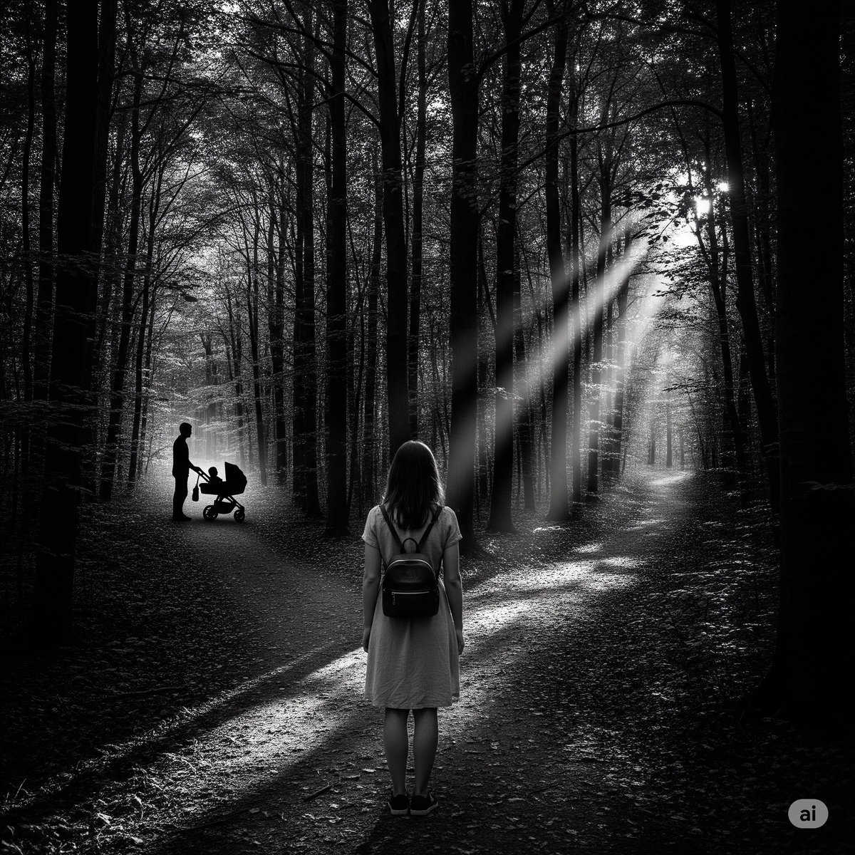 A black and white photo of a woman standing at a fork in a forest path. One path shows a man and a baby in a stroller in the distance, while the other path is darker and leads into the unknown woods. She is facing the unknown path. Featured photo for The Honest Whisper blog article about childfree manchild-free vegan feminists