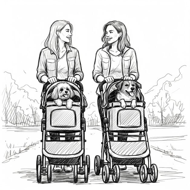 A black-and-white sketch of two women smiling and walking on a path while pushing their dogs in strollers.