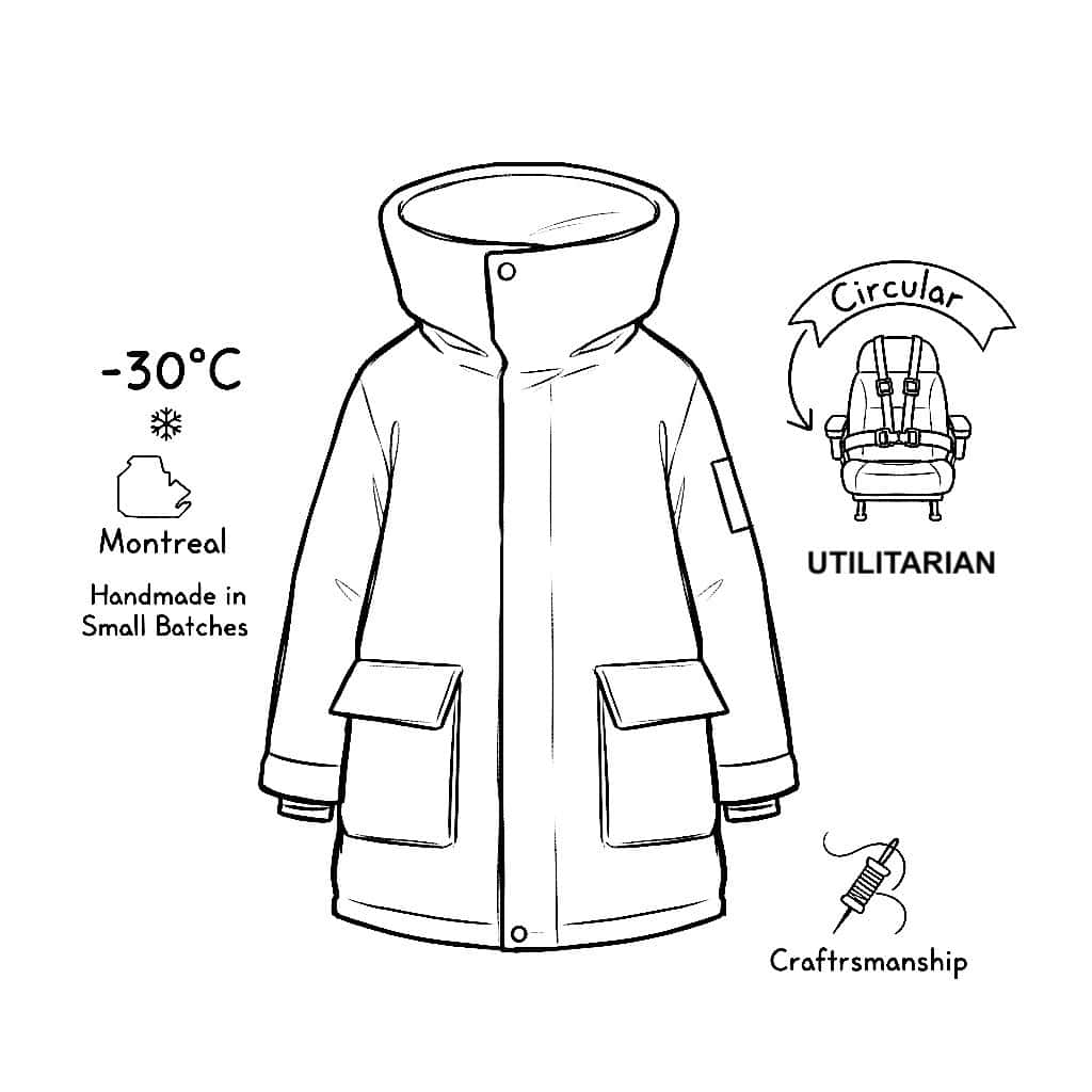 A black and white sketch of a BEDI Studios winter parka, featuring icons for -30°C, Montreal, upcycled airline seats and seat belts, a circular economy, and the phrases 