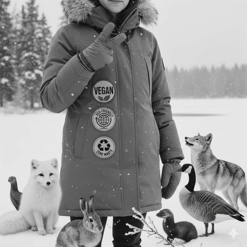Black and white image of a person in a Canadian winter wearing a warm, vegan, faux-fur-trimmed coat with visible "Vegan," "Eco-Friendly," and "Zero Waste" patches, holding a peace sign. They are surrounded by Canadian winter wildlife, including a coyote, Arctic fox, Canadian goose, and snowshoe hare.