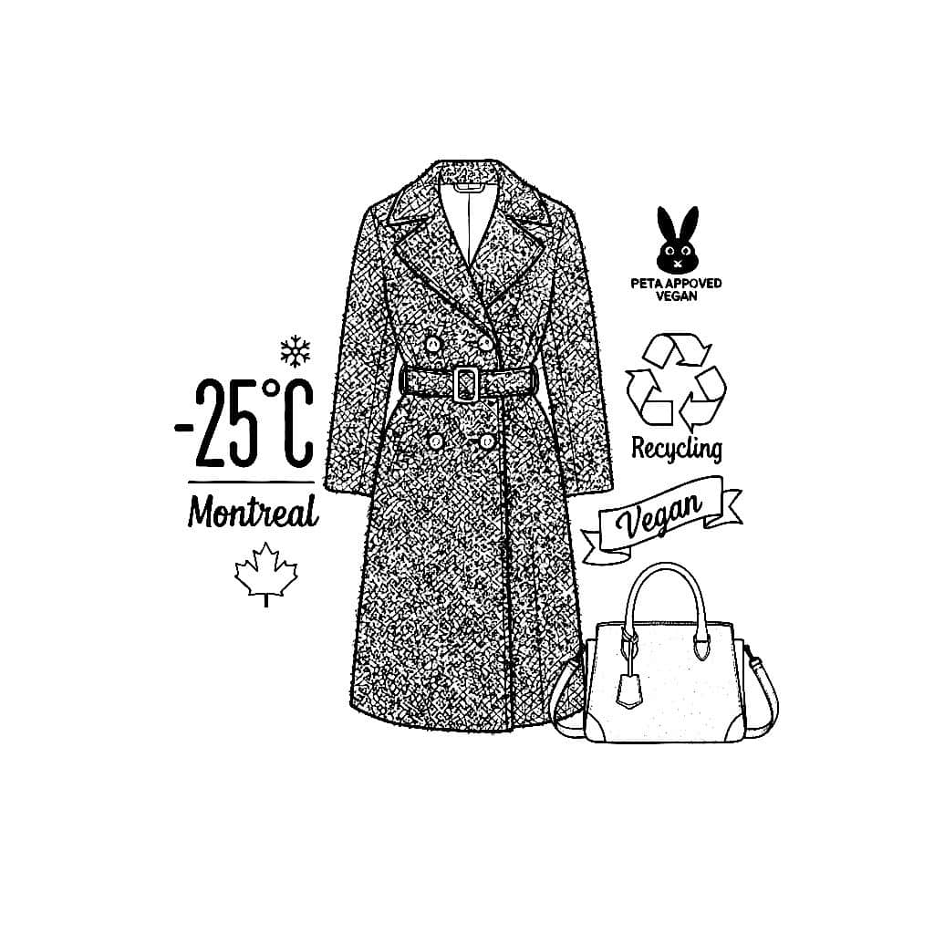 A black and white sketch of a Matt & Nat faux wool coat and purse, featuring icons for -25°C, Montreal, recycling, and a PETA Approved Vegan symbol.