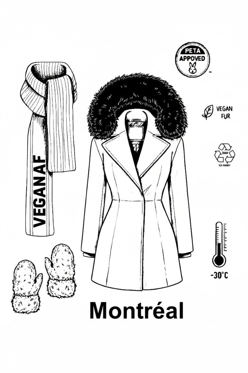 A black and white sketch of a NOIZE vegan winter parka with a faux fur hood, surrounded by a certified B Corp recycling symbol, PETA Approved logo, icons for vegan fur and vegan leather, and a -30°C temperature rating.