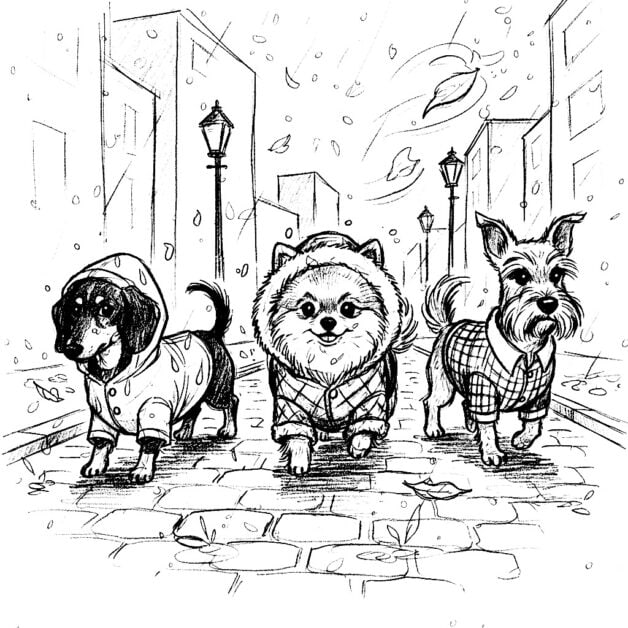 Sketch of three small dogs in a city scene, wearing different NOIZE coats: one in a rain jacket, one in a faux fur hood winter coat, and one in a plaid fall coat, with snowflakes falling.