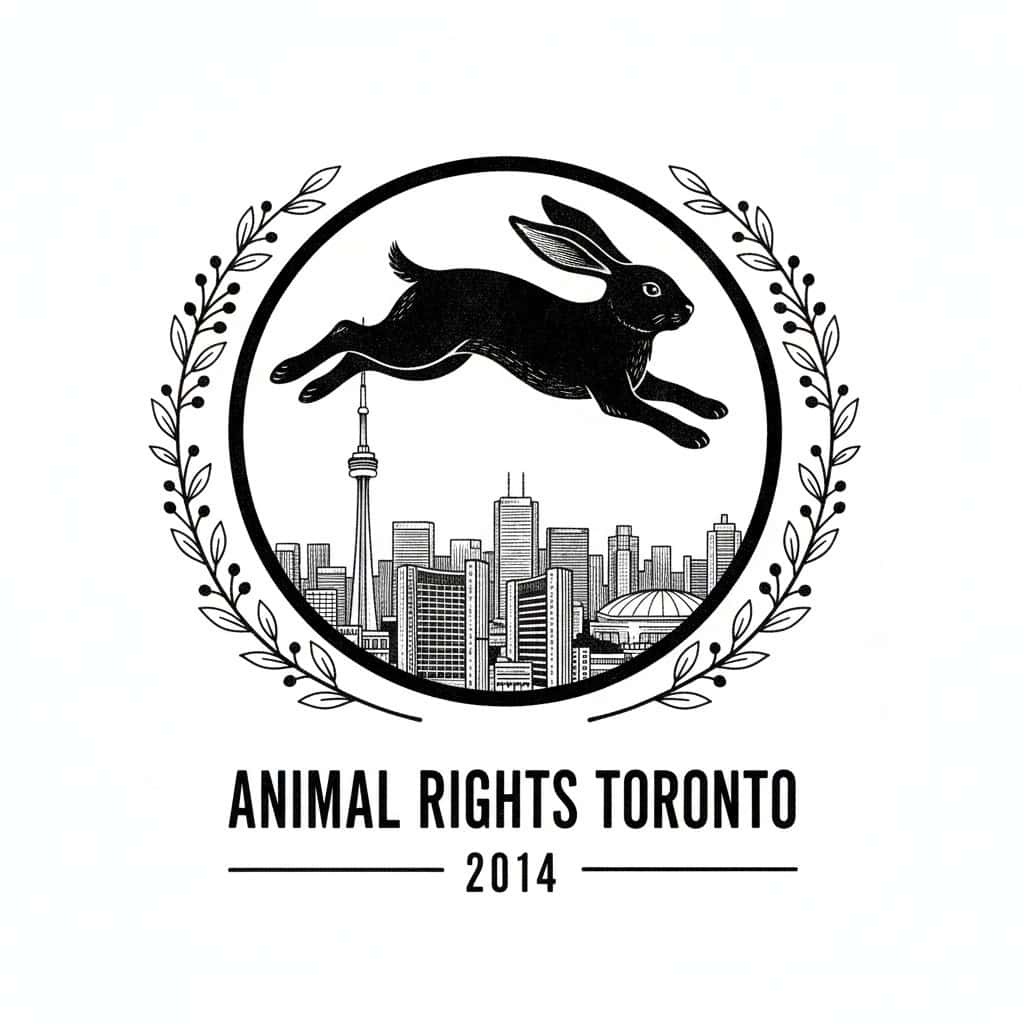 Black and white line art sketch for Animal Rights Toronto (ART) featuring a leaping black bunny against the Toronto skyline (CN Tower, Rogers Centre) inside a circle of leaves, symbolizing freedom and local activism.