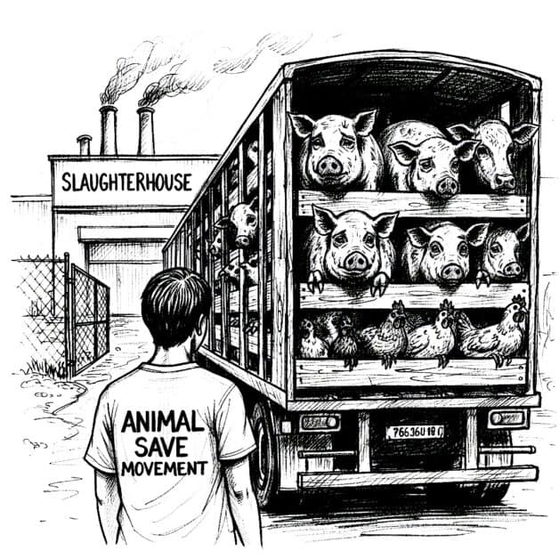 Black and white sketch of a vegan activist from the Animal Save Movement with "ANIMAL SAVE MOVEMENT" on their back, standing silently before a slaughterhouse sign. They are bearing witness to pigs, cows, and chickens in transport crates, who appear injured, dirty, and sad.