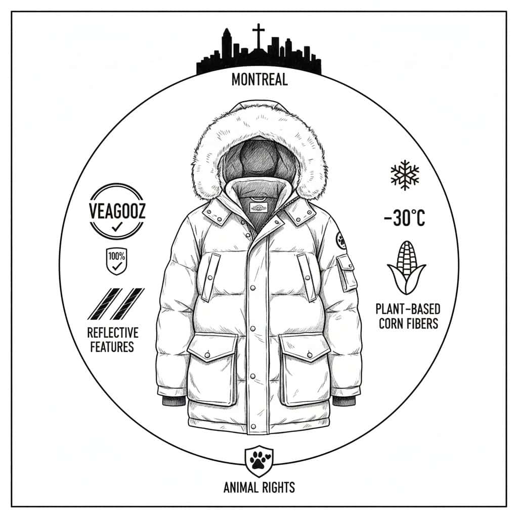 Black and white sketch of a Boida VEGAGOOZ parka with corn-fiber insulation and a -30°C rating, surrounded by Montreal and Animal Rights icons.
