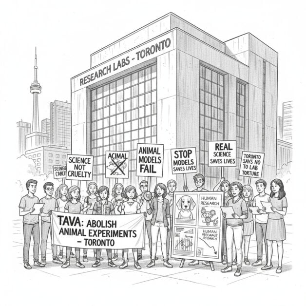 Black and white sketch depicting The Anti-Vivisection Alliance (TAVA) protest in Toronto. Activists hold signs against animal experimentation outside a "Research Labs - Toronto" building, with the CN Tower in the background. Signs advocate for "Science Not Cruelty," "Animal Models Fail," and "Stop Lives Saves," promoting "Real Science Saves Lives" and "Human Research.