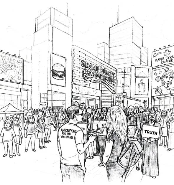 Black and white sketch of an Anonymous for the Voiceless "Cube of Truth" demonstration at Toronto's Yonge-Dundas Square. Activists in Guy Fawkes masks hold laptops displaying "Truth" signs. Pedestrians, some looking sad or interested, walk by the demonstration in the busy city backdrop.