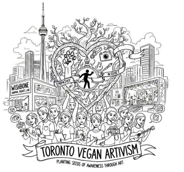 Black and white illustration symbolizing vegan artivism, showing a diverse crowd beneath a central image that blends a broken chain-link fence (oppression), a paintbrush (art), and a sprouting plant (hope/veganism).