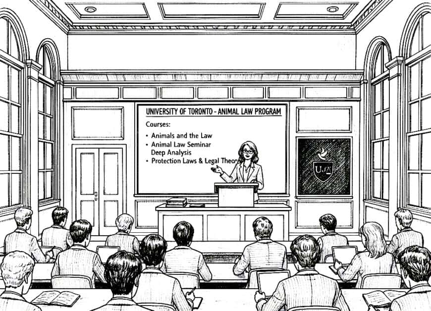 Black and white sketch of a law seminar. A professor points to a whiteboard with large text: "U OF T - ANIMAL LAW PROGRAM," while students take notes on legal texts, symbolizing academic study of animal protection laws.
