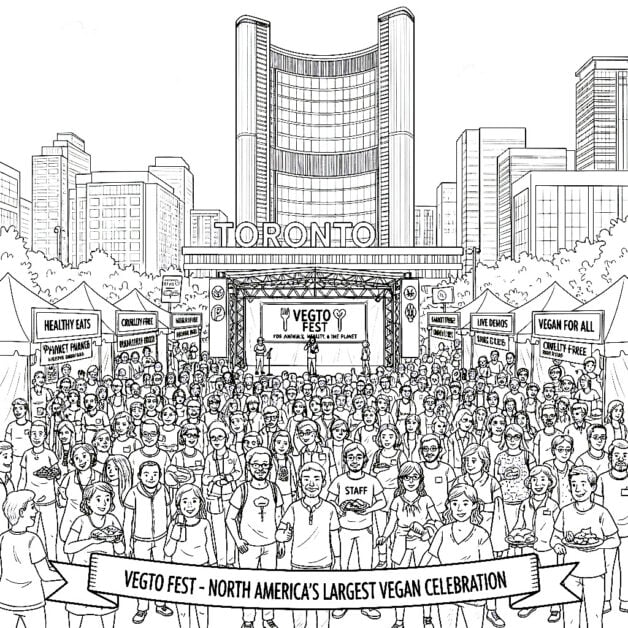 Black and white illustration of Nathan Phillips Square (Toronto) filled with a diverse, dense crowd under a "VegTO Fest" banner, symbolizing the mass-market accessibility and normalization of vegan living.