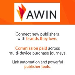 Awin affiliate marketing network graphic showing the logo and key benefits for publishers, including commission payment across multi-device journeys and powerful publisher tools.