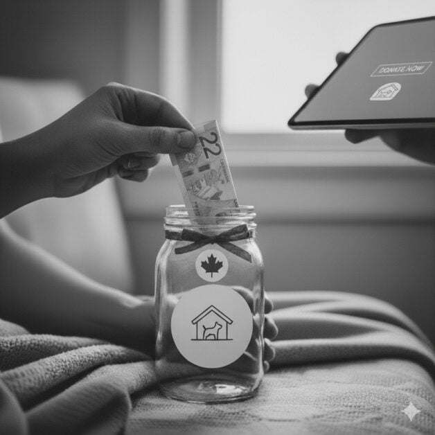 Black-and-white-image-of-a-hand-dropping-a-Canadian-bill-into-a-donation-jar-with-a-prominent-dollar-sign-on-it.