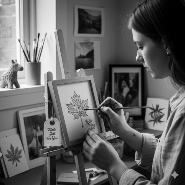 Black-and-white-image-artist-painting-a-custom-illustration-of-a-maple-leaf-and-dog-on-an-easel-with-a-tag-Made-Just-For-You.