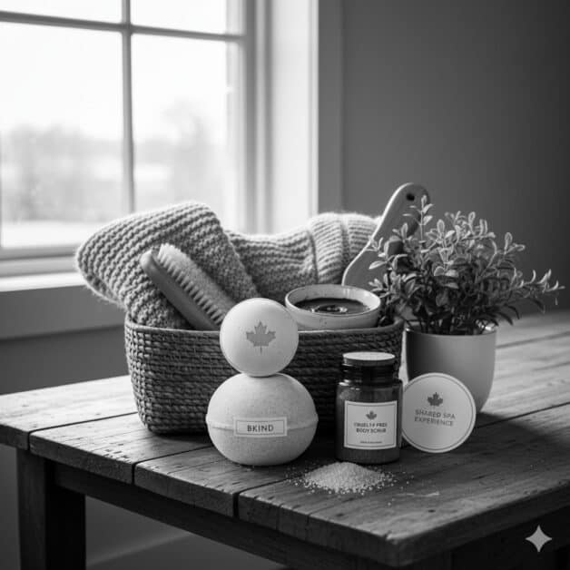 Black-and-white-image-of-a-curated-wellness-basket-with-vegan-bath-bombs-body-scrub-and-a-shared-spa-experience-voucher-on-a-wooden-table.