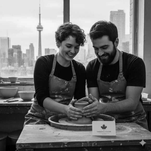 Black-and-white-photo-two-people-happily-making-pottery-together-in-a-studio-with-the-Toronto-skyline-in-the-background-and-an-experience-voucher.