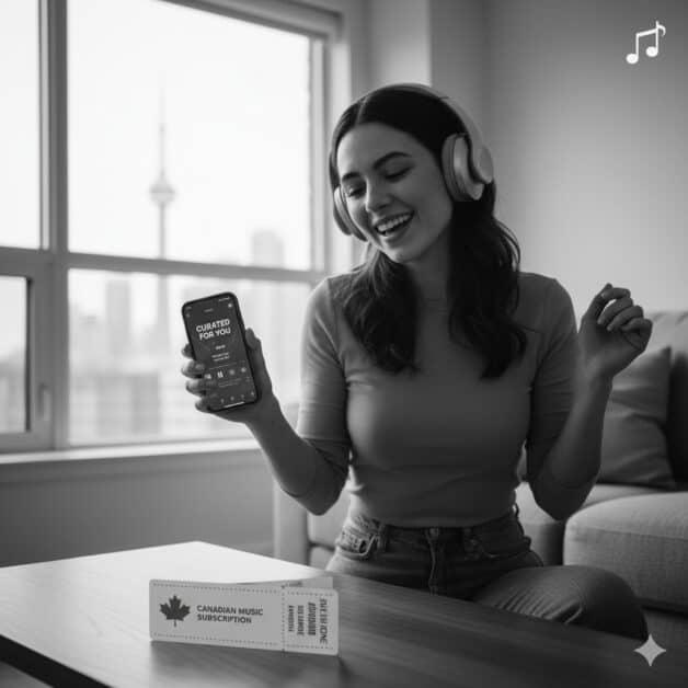 Black-and-white-flat-lay-showing-headphones-a-smartphone-with-a-music-subscription-app-and-concert-tickets-for-a-thoughtful-experience.