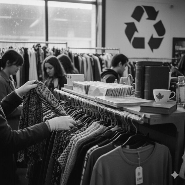 Black-and-white-photo-hands-browsing-a-rack-of-vintage-clothing-in-a-thrift-store-setting-promoting-sustainable-consumption.