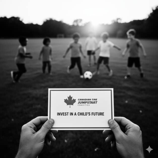 Black-and-white-image-hands-holding-a-Canadian-Tire-Jumpstart-Charities-card-Invest-in-a-Child's-Future-with-children-playing-soccer-in-the-background.