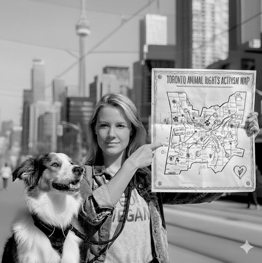 Young activist child with happy mixed breed dog on harness, holding white animal rights activism map of Toronto cityscape.