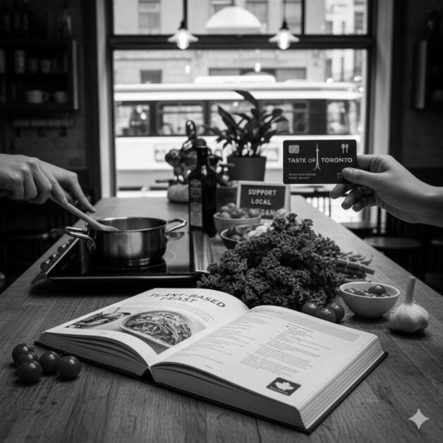 Black-and-white-image-of-a-person-flipping-through-a-vegan-cookbook-beside-a-gift-card-to-a-local-Toronto-vegan-restaurant.