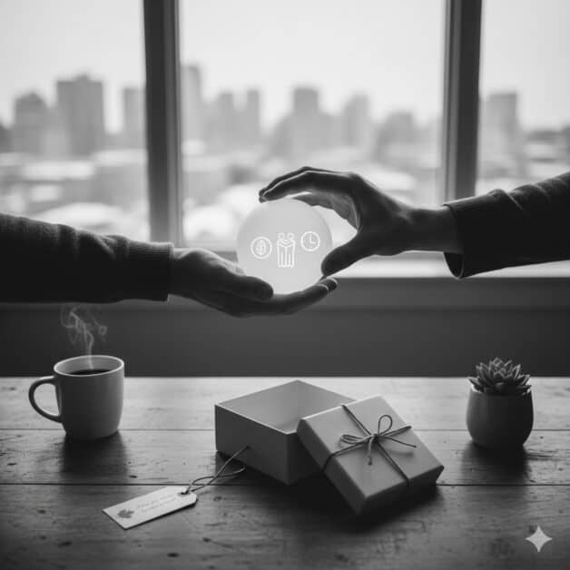 Black-and-white-image-hands-exchanging-a-glowing-sphere-with-symbols-of-connection-and-time-over-an-open-empty-gift-box.