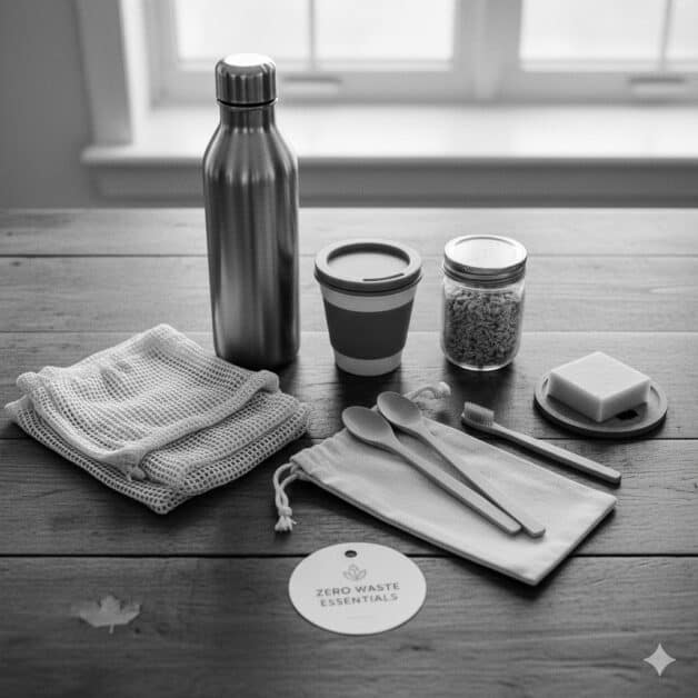 Black-and-white-flat-lay-of-zero-waste-essentials-including-a-reusable-water-bottle-coffee-cup-mesh-bags-bamboo-cutlery-toothbrush-and-soap.