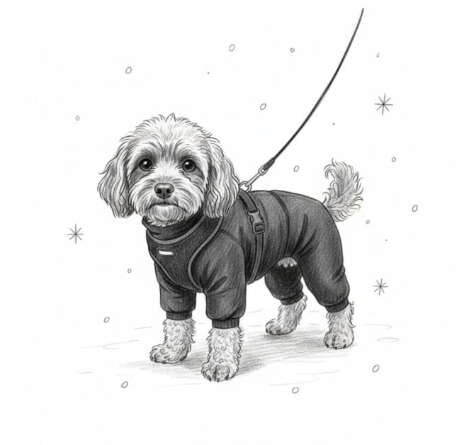 A dog wearing a Canada Pooch winter parka and suspender boots on a snowy Toronto sidewalk, highlighting essential gear for city winters.
