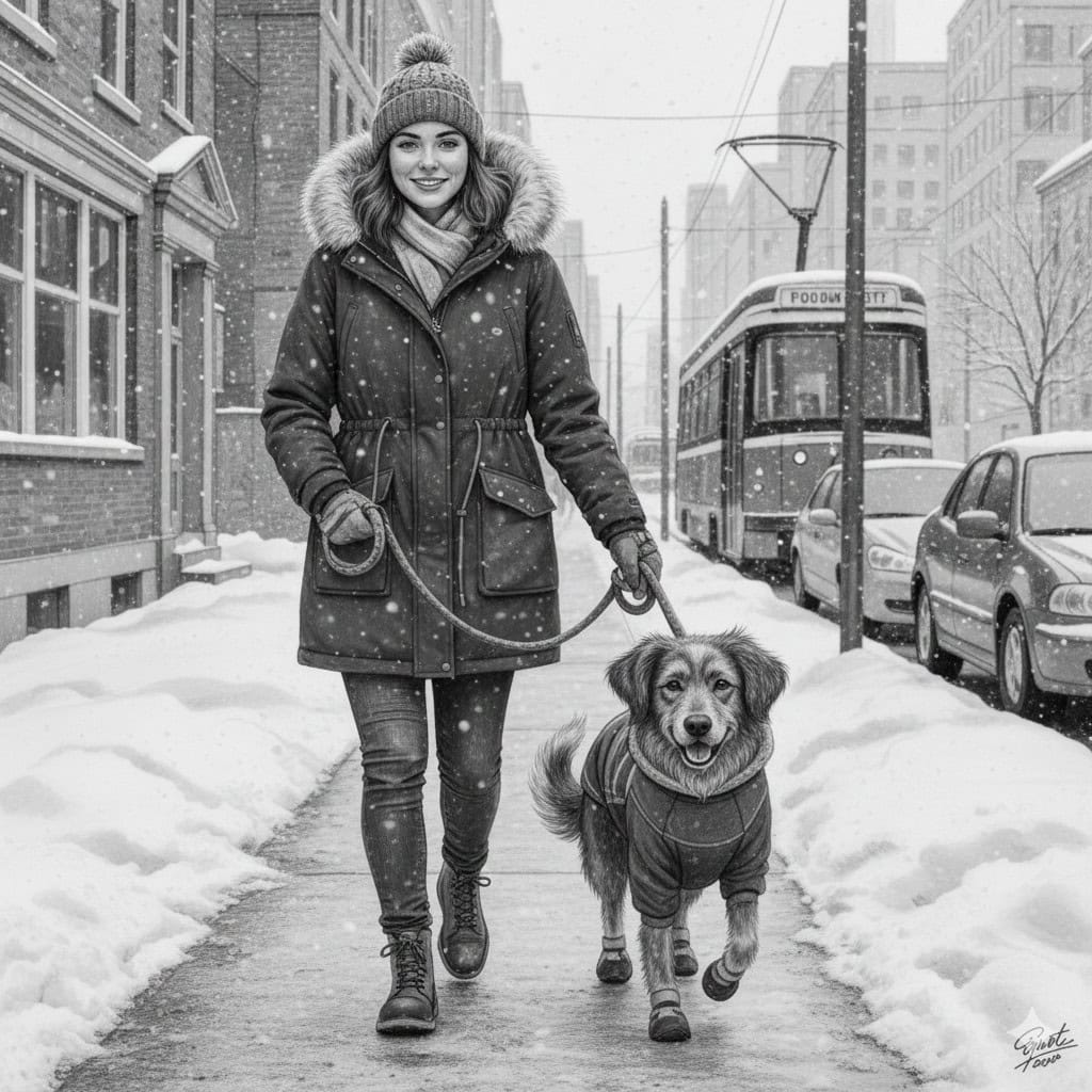 A realistic mixed-breed dog and a woman walking on a snowy Toronto sidewalk, both dressed in warm winter gear and protective boots.