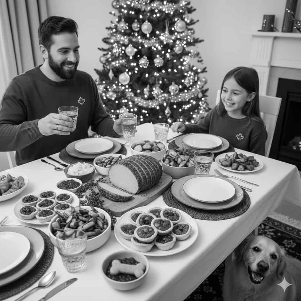 Black and white photo of a diverse Canadian family enjoying a bountiful vegan Christmas dinner, with a large plant-based roast centerpiece and a happy dog nearby eating vegan treats.