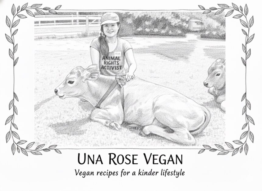 Simple, rough black and white sketch of Una Rose, a Canadian vegan food blogger, wearing a shirt that reads "ANIMAL RIGHTS ACTIVIST."