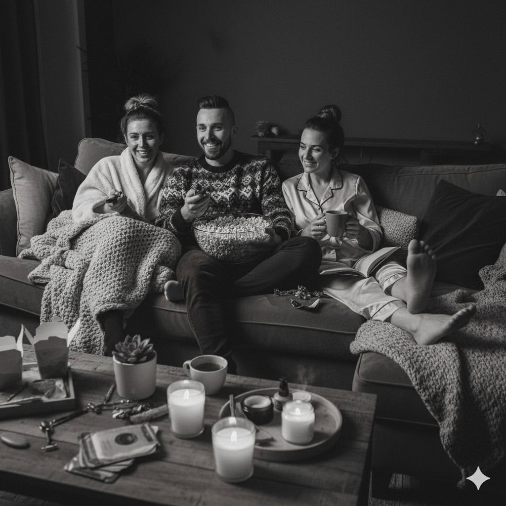A diverse group of friends in cozy pajamas and sweaters sitting on a sofa in a dimly lit room, smiling and holding a bowl of popcorn while preparing to watch a movie together during winter.