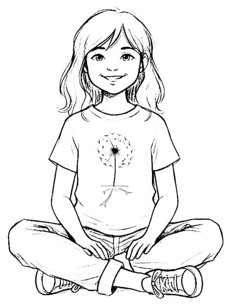 A black and white line drawing of a young woman with wavy hair sitting cross-legged, wearing a t-shirt featuring a dandelion with deep roots growing through a crack.