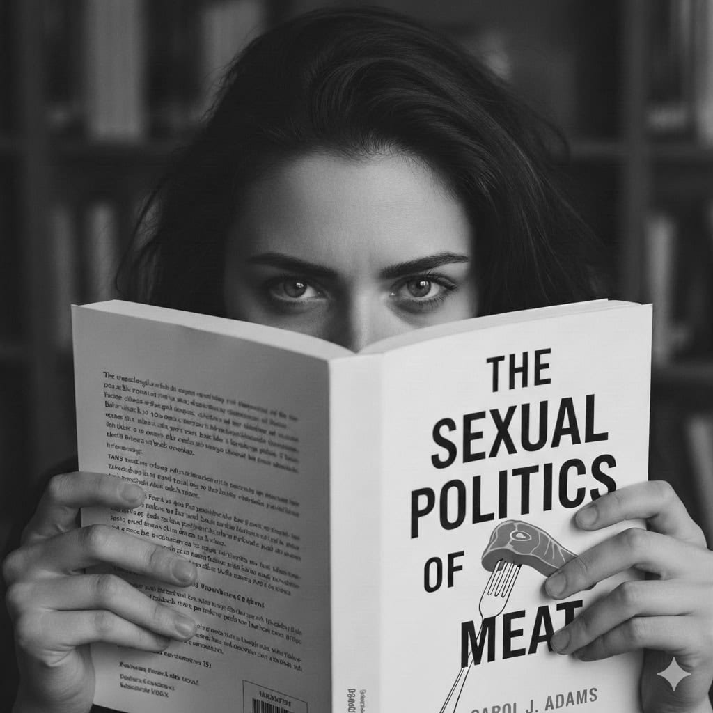 A dramatic black and white photograph of a woman looking directly at the camera while holding an open copy of "The Sexual Politics of Meat" by Carol J. Adams, partially obscuring her face.