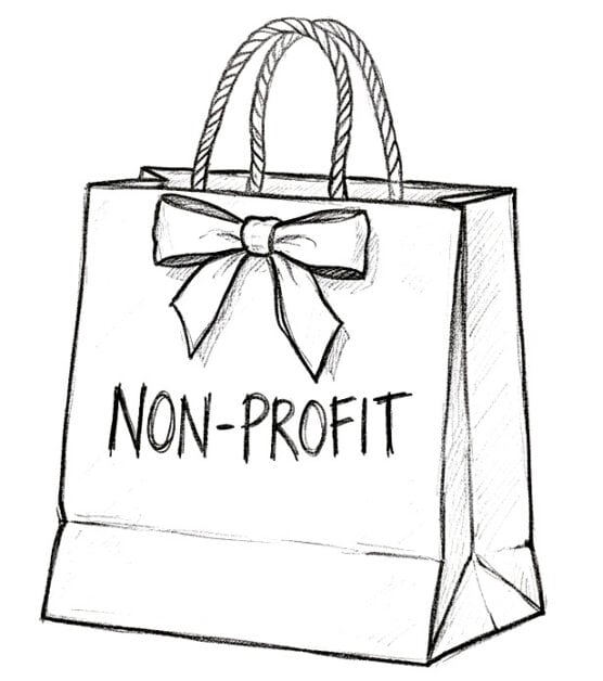 A black and white line drawing of a paper shopping bag with a decorative bow on the front and the word