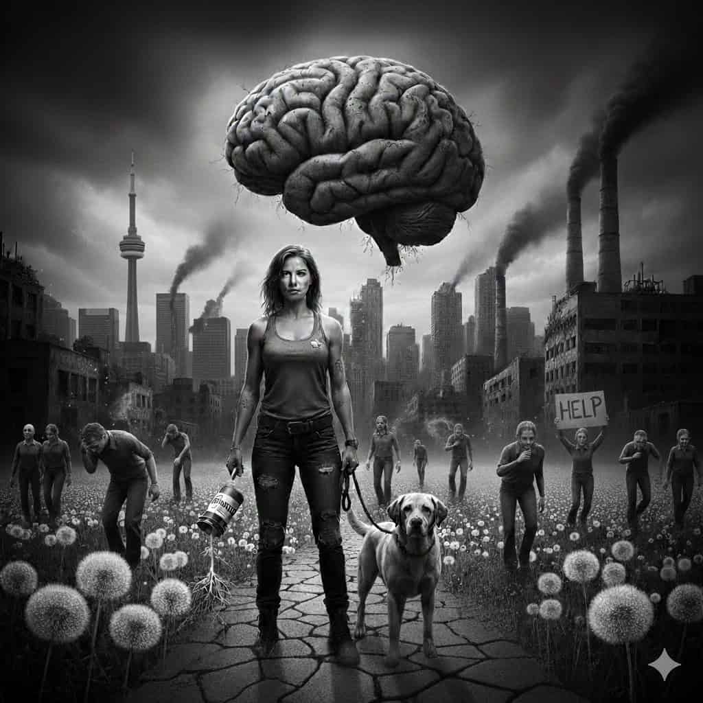 A powerful black and white conceptual image featuring a woman standing in a field of dandelions with her dog in front of the Toronto skyline. Dark industrial smoke looms over the city, symbolizing systemic collapse, while the woman looks directly at the camera, representing resistance and radical mental health.