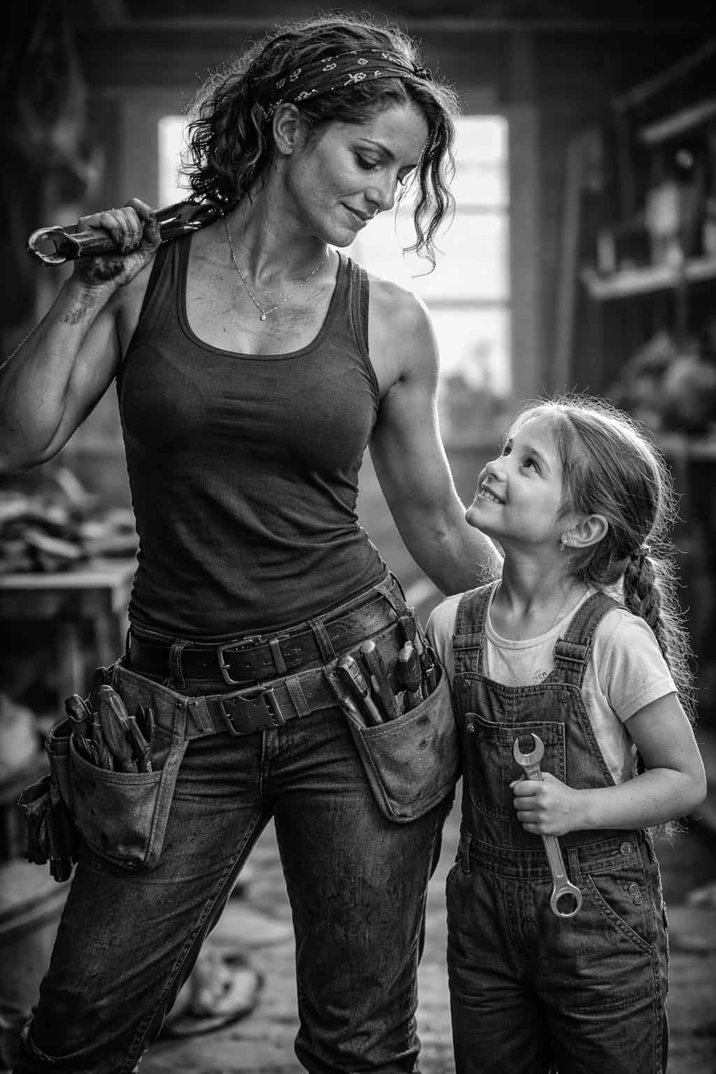 A powerful black and white photo of a strong woman in a workshop wearing a tool belt and holding a wrench, looking down smiling at a young girl in overalls who is looking up at her with admiration, symbolizing female strength, divine feminine energy, and the power of mentorship.